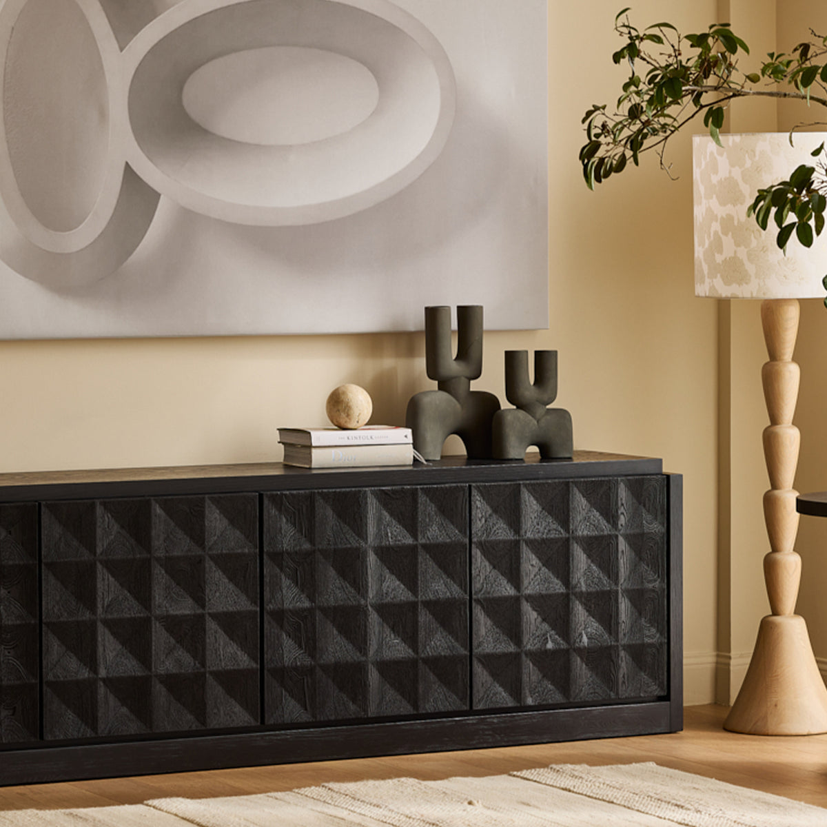 Mobital charcoal geometric sideboard in a contemporary room
